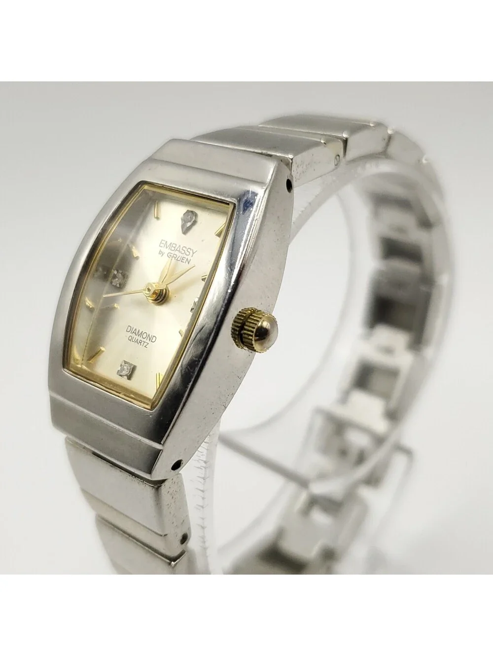 Embassy By Gruen Diamond Watch Women New Battery 20mm Silver Tone
